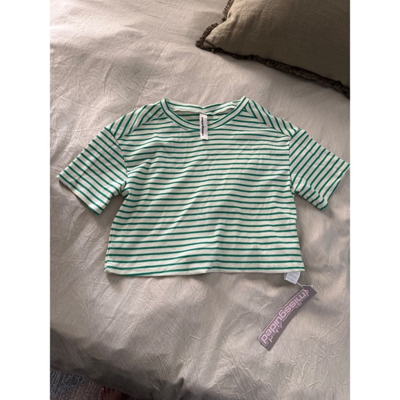 Missguided Ribbed Crop Top Green White Striped Short Sleeve Tee Casual - Picture 1 of 3